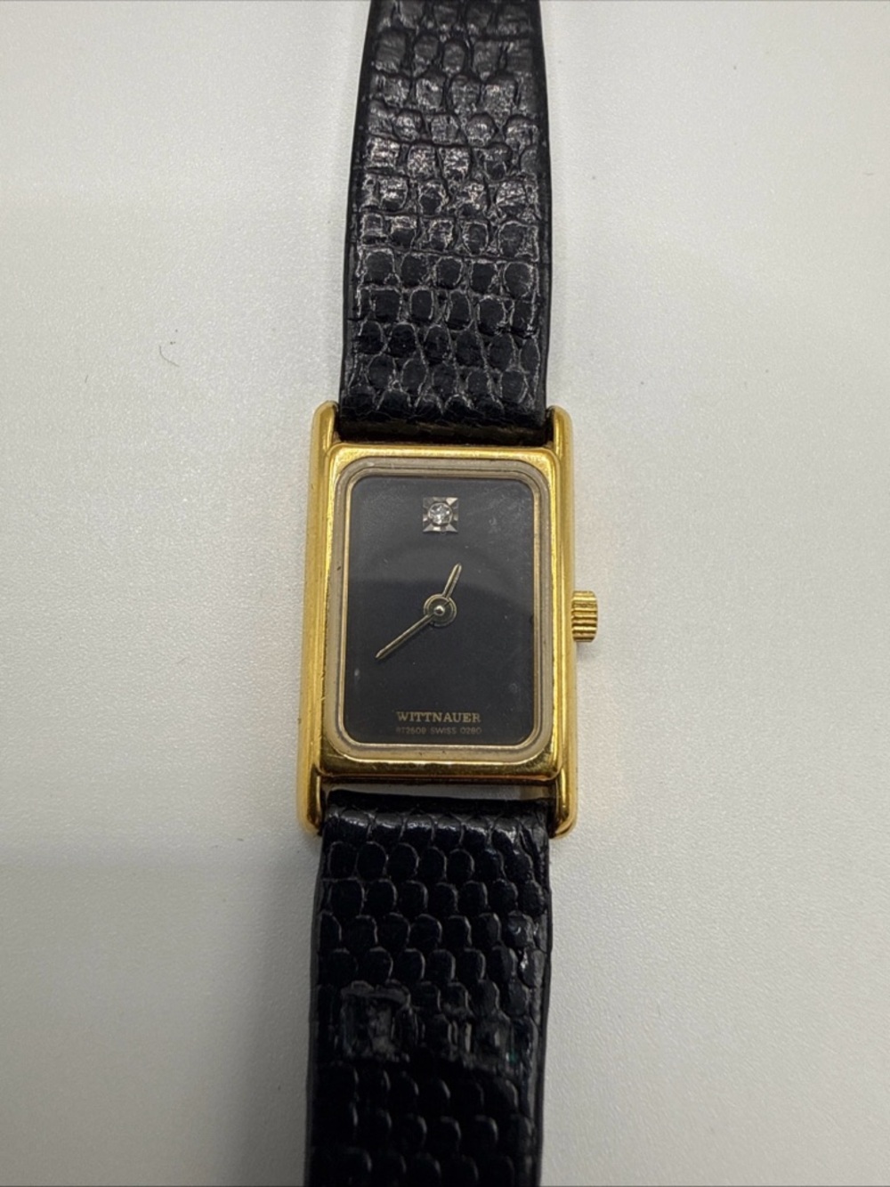 Vintage WITTNAUER TANK Dress Mens Watch Quartz Gold Tone Black Dial Swiss